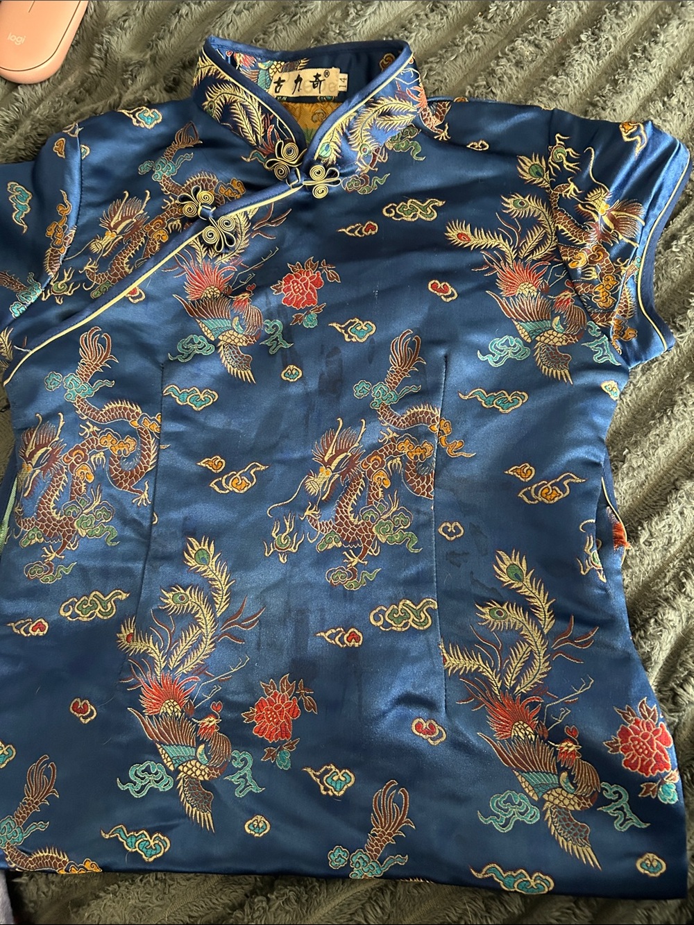 Blue Satin Dragon-Embroidered Mandarin Top